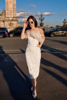 Beyaz Payetli Toz Pembe Boa Otrişli Midi Elbise Ariel - 3