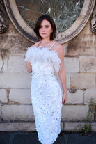 Beyaz Payetli Boa Otrişli Midi Boy Elbise Ariel - 0