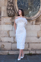 Beyaz Payetli Boa Otrişli Midi Boy Elbise Ariel - 1