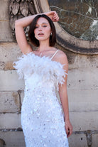 Beyaz Payetli Boa Otrişli Midi Boy Elbise Ariel - 2