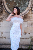 Beyaz Payetli Boa Otrişli Midi Boy Elbise Ariel - 4