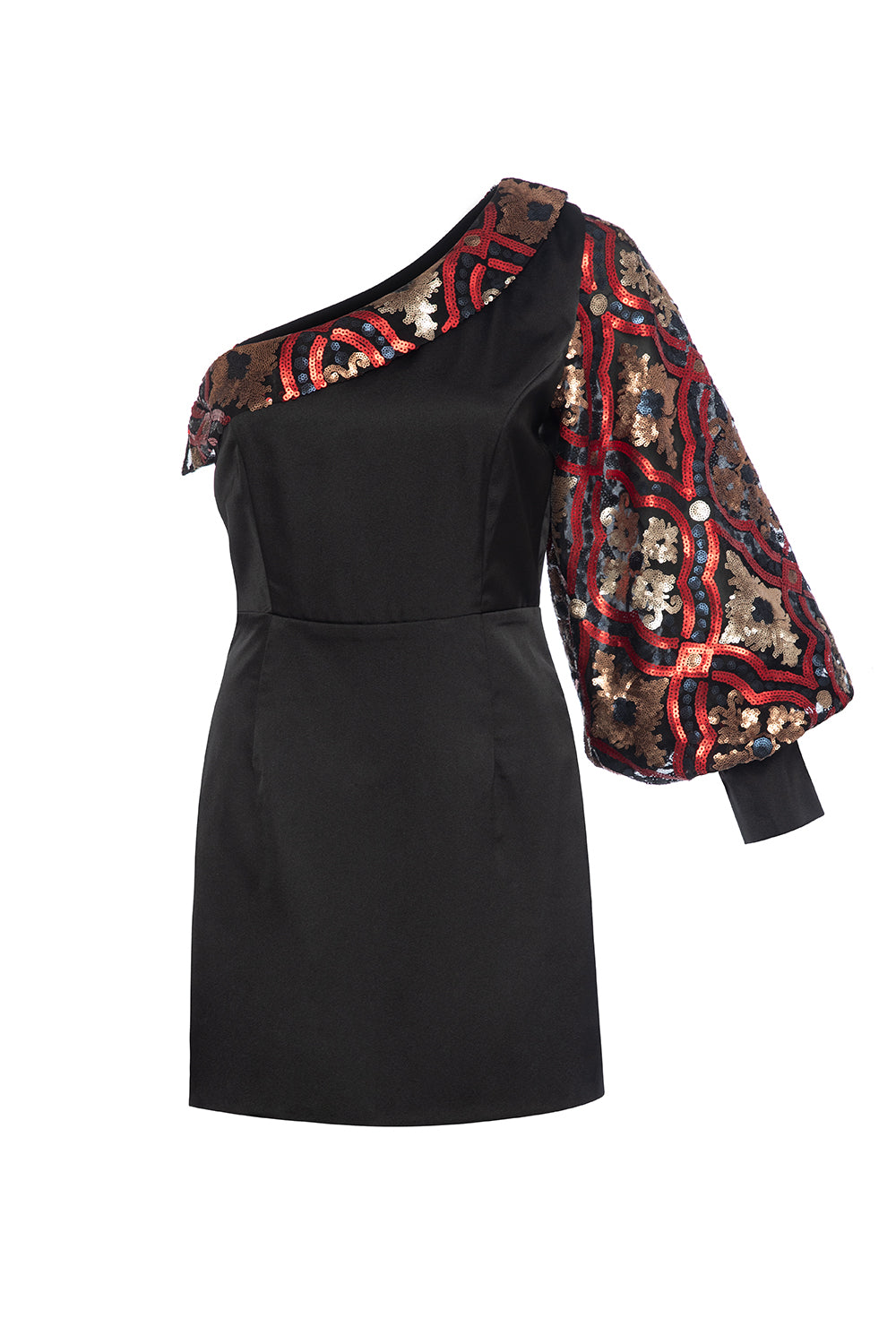 Siyah Tek Omuzlu Payet Kollu Elbise Venus - 1