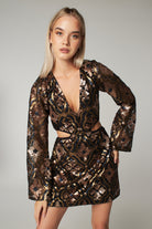 Gold Desenli Uzun Kollu Payetli Mini Elbise Lera - 0