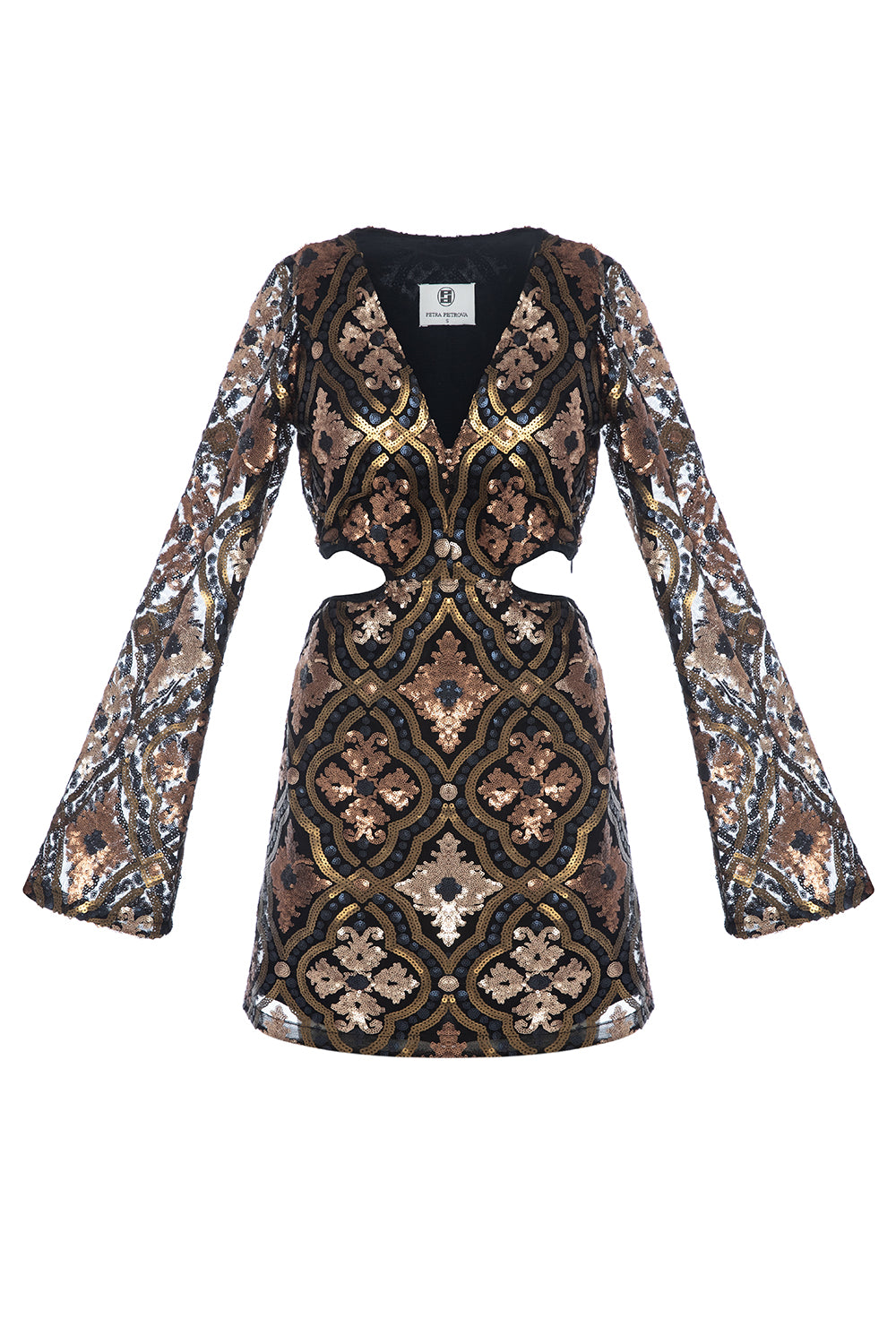 Gold Desenli Uzun Kollu Payetli Mini Elbise Lera - 1