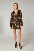 Gold Desenli Uzun Kollu Payetli Mini Elbise Lera - 2