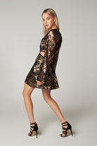 Gold Desenli Uzun Kollu Payetli Mini Elbise Lera - 3