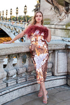 Gold Büyük Pullu Bordo Boa Otrişli Midi Boy Elbise Ariel - 0