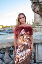 Gold Büyük Pullu Bordo Boa Otrişli Midi Boy Elbise Ariel - 1