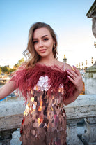 Gold Büyük Pullu Bordo Boa Otrişli Midi Boy Elbise Ariel - 4