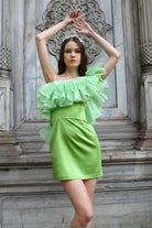 Tek Omuzlu Fırfır Detaylı Yeşil Abiye Oli̇vi̇a - 3