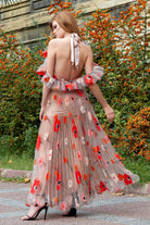 Bej Rengi Çiçek Baskılı Pliseli Abiye Magdalena - 2