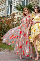 Bej Rengi Çiçek Baskılı Pliseli Abiye Magdalena - 3