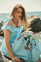 Mavi Çiçekli Keten Elbise Bella Bella - 4