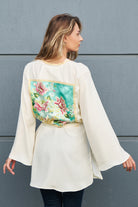 Oversize İpek Mint Gül Nakışlı Kimono - 0