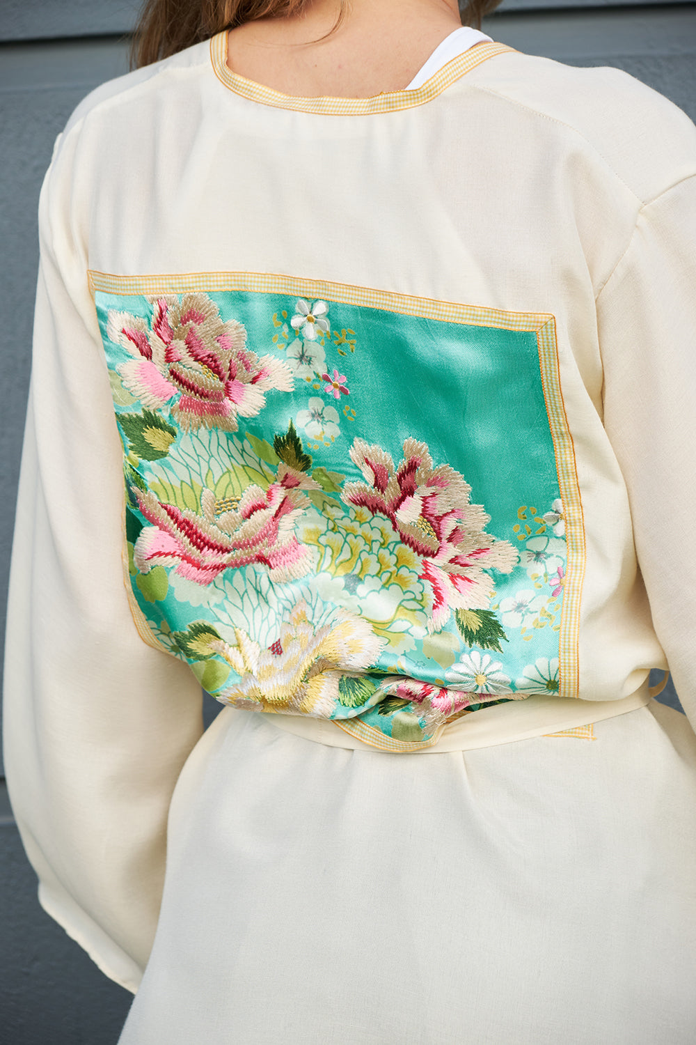 Oversize İpek Mint Gül Nakışlı Kimono - 4