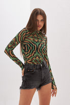 Nora Geometrik Baskılı Yeşil Tül Body - 0