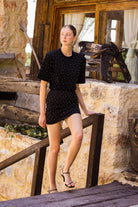 Siyah Mini Form Taş İşlemeli Kanvas Etek - 1