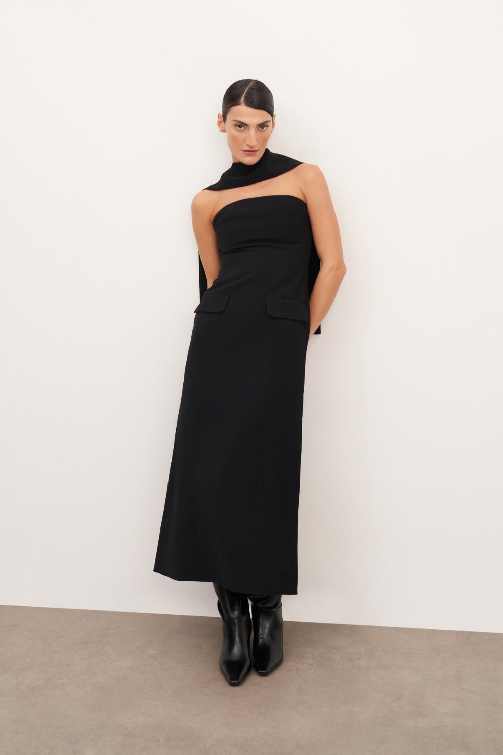Cep Detaylı Maxi Krep Elbise - 0