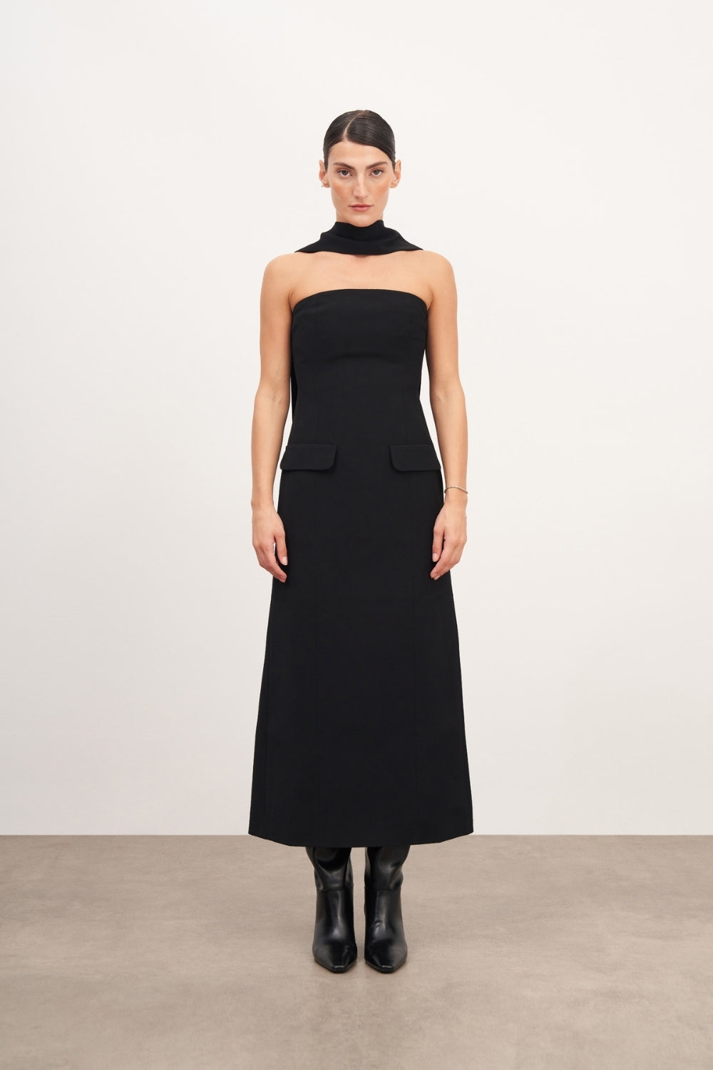 Cep Detaylı Maxi Krep Elbise - 1