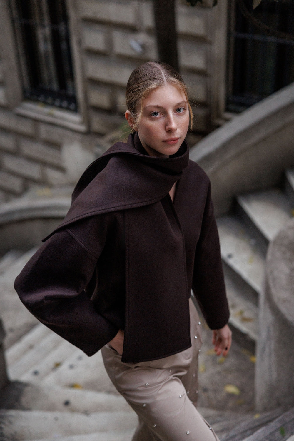 Acı Kahve Şal Detaylı Kaşe Ceket - 0