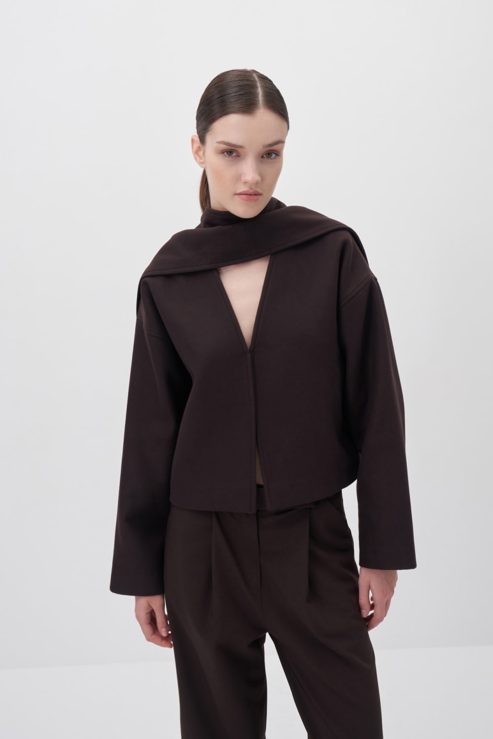 Acı Kahve Şal Detaylı Kaşe Ceket - 1