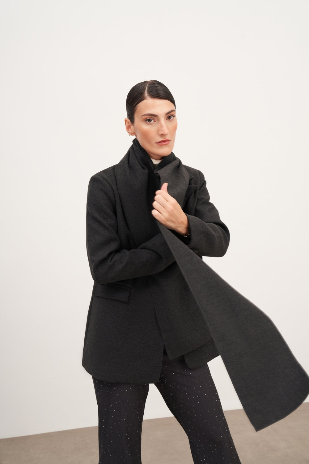 Füme Şal Detaylı Kaşe Blazer Ceket - 0