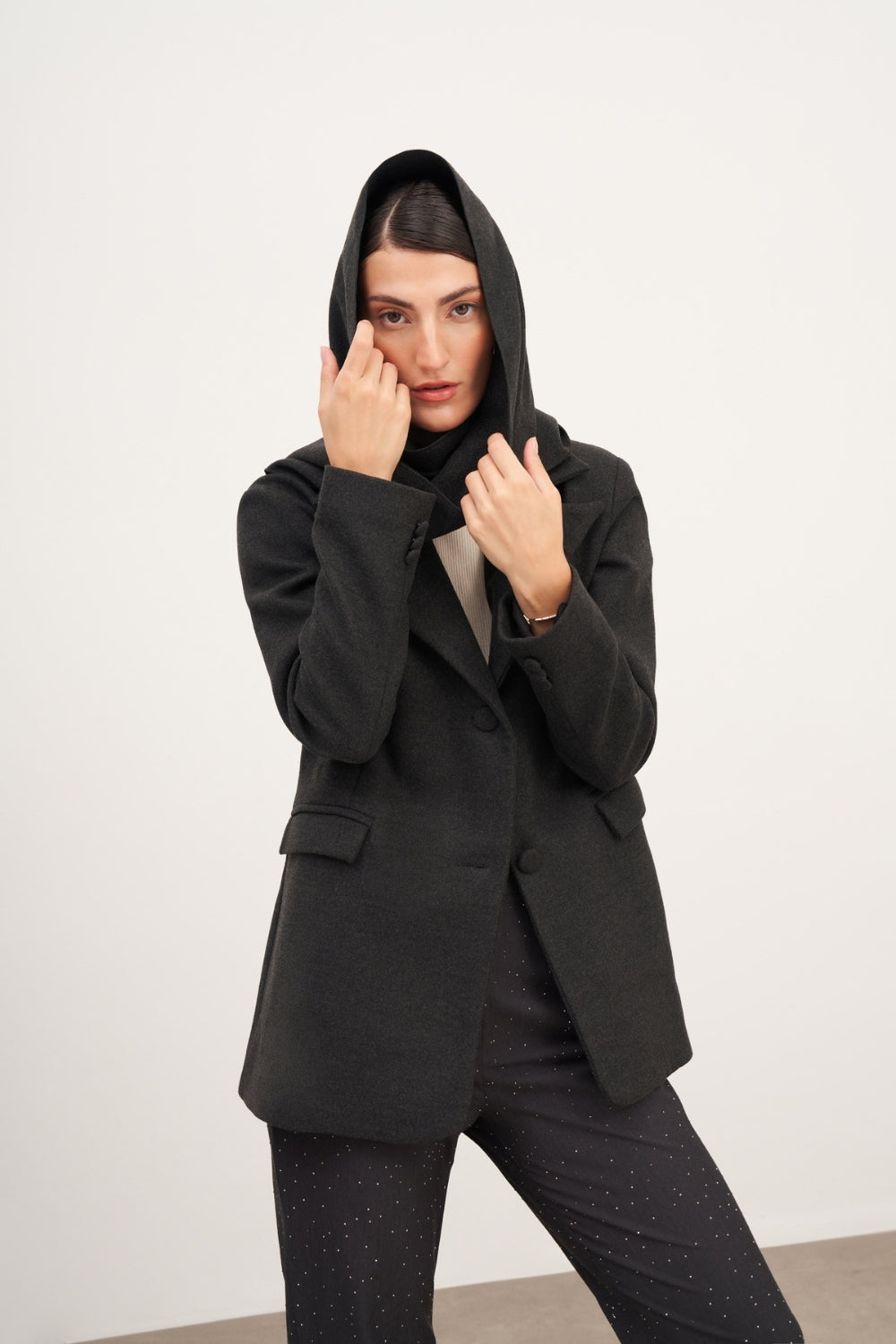 Füme Şal Detaylı Kaşe Blazer Ceket - 2