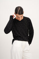 Siyah Taş İşlemeli Vatkalı Uzun Kollu Tişört - 0