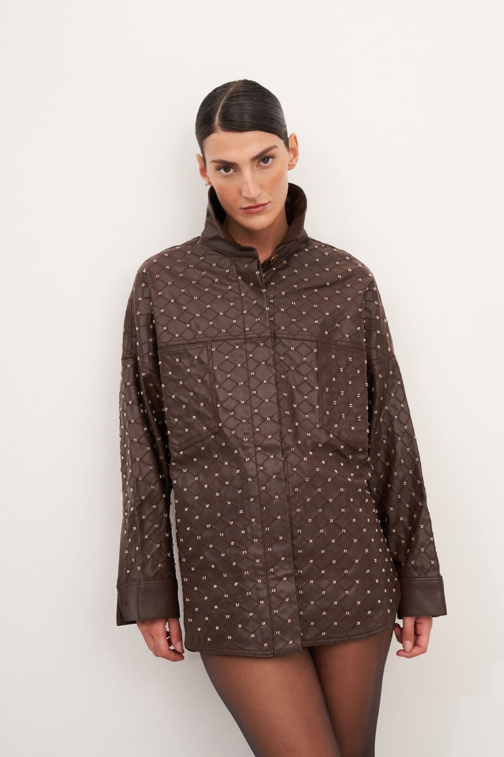 Acı Kahve Boncuk İşlemeli Oversize Gömlek - 0