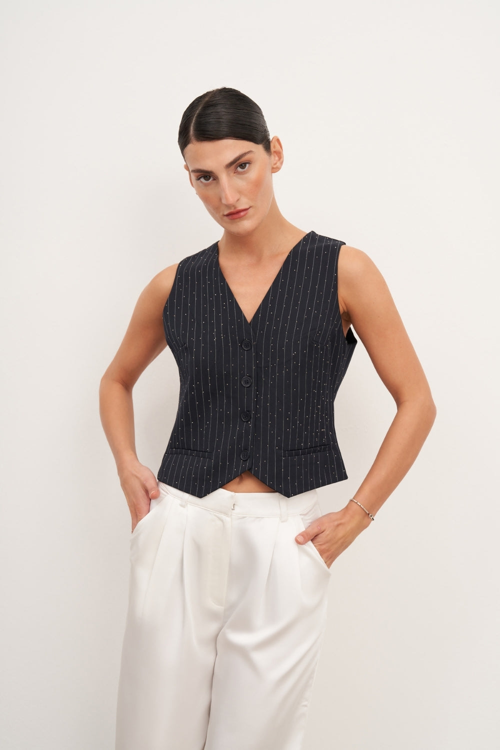 Lacivert Düğme Detaylı Yelek - 0