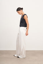 Ekru Çift Pileli Saten Pantolon - 1