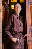 Taş İşlemeli Acı Kahve Oversize Gömlek - 1