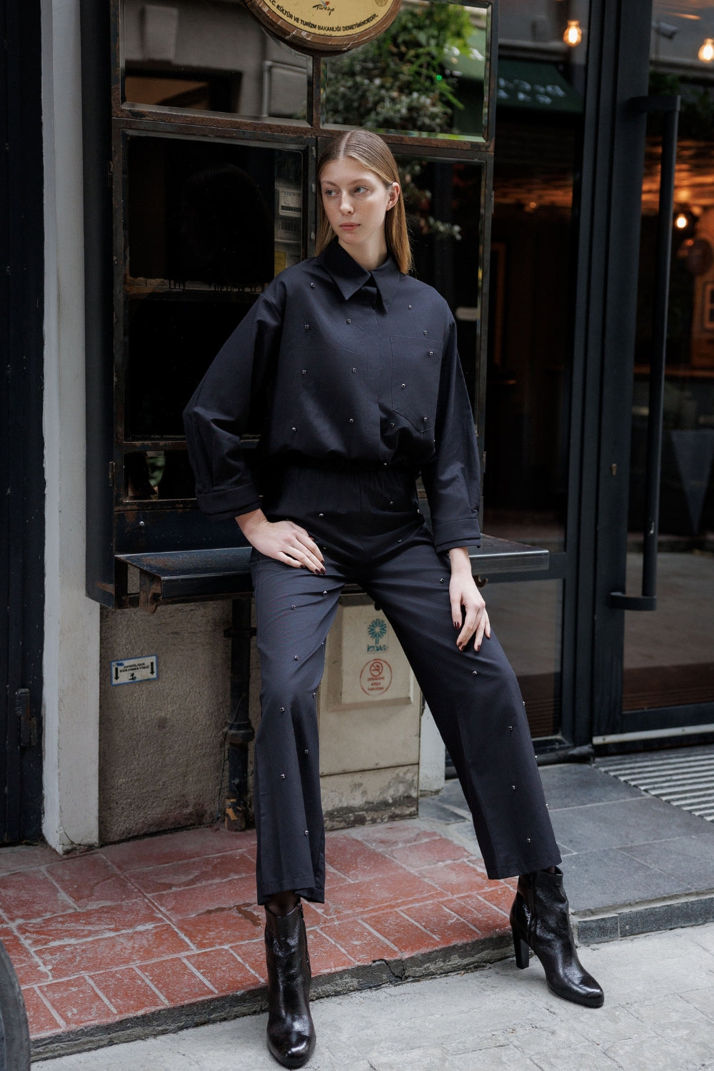 Taş İşlemeli Siyah Oversize Gömlek - 0