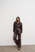 Acı Kahve Kemerli Cep Detaylı Damarlı Deri Ceket - 0