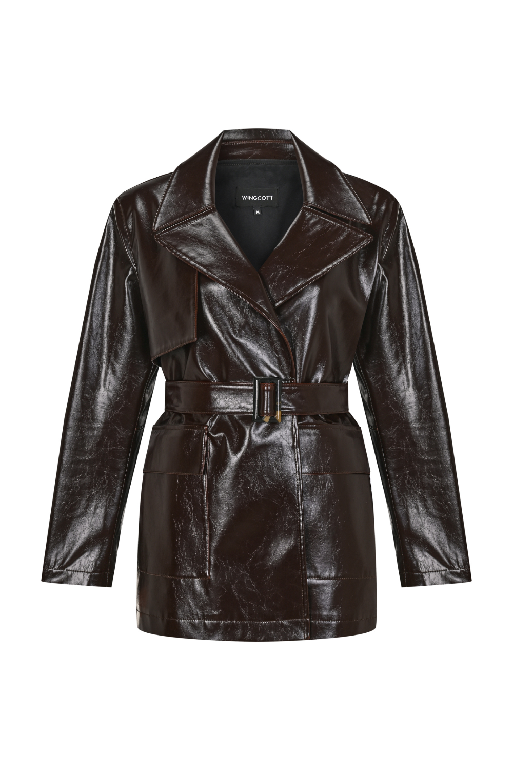 Acı Kahve Kemerli Cep Detaylı Damarlı Deri Ceket - 4