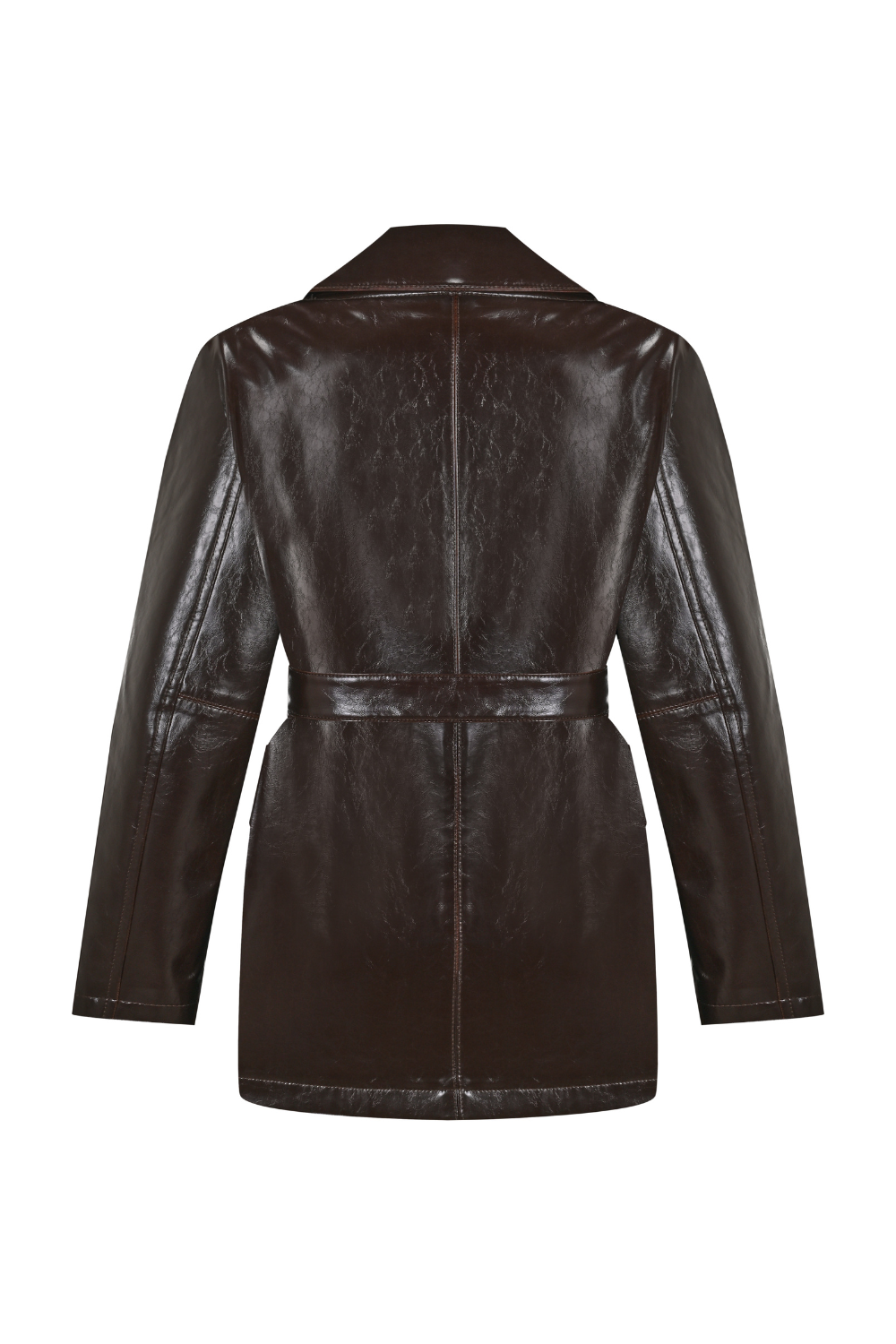 Acı Kahve Kemerli Cep Detaylı Damarlı Deri Ceket - 5