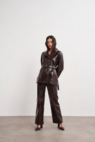 Acı Kahve Damarlı Deri Pantolon - 0