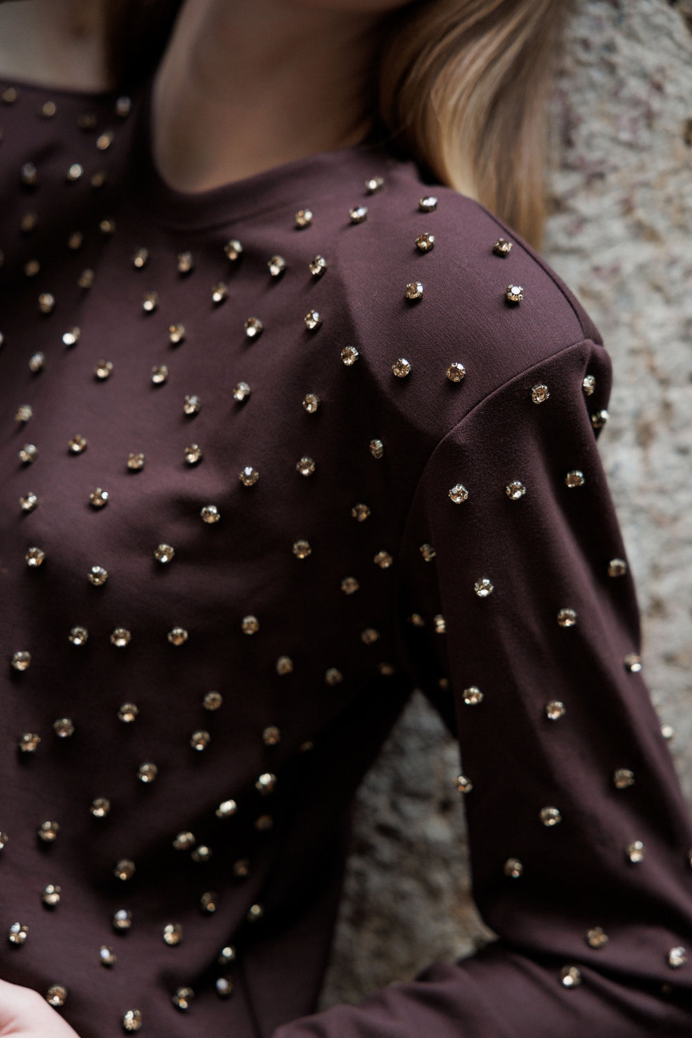 Acı Kahve Taş İşlemeli Vatkalı Uzun Kollu Tişört - 1