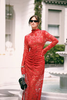 Uzun Kollu Dantelli Uzun Kırmızı Elbise - 1