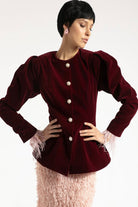 İnci Düğme Detaylı Bordo Kadife Ceket - 0