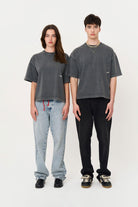 Kısa Kollu Baskılı Box Fit Yıkamalı Gri T-Shirt - 1