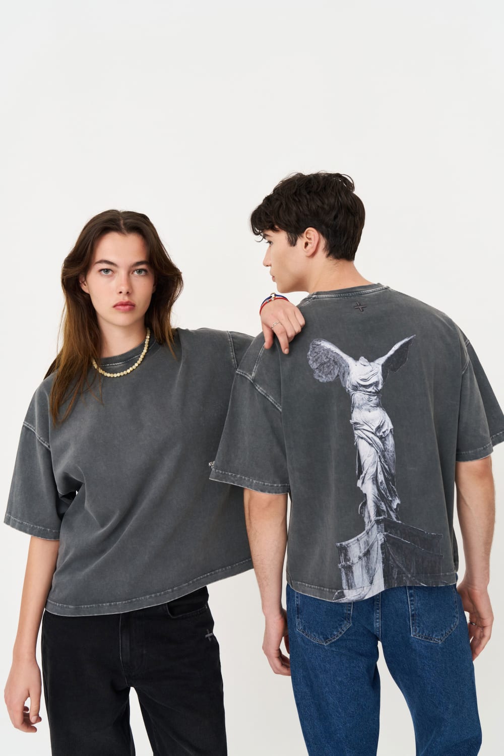 Kısa Kollu Heykel Baskılı Box Fit Yıkamalı Gri T-Shirt - 7