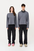 Uzun Kollu Nakışlı Oversize Gri T-Shirt - 1