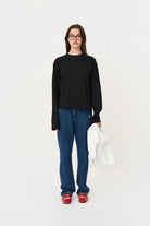 Uzun Kollu Nakışlı Oversize Siyah T-Shirt - 3