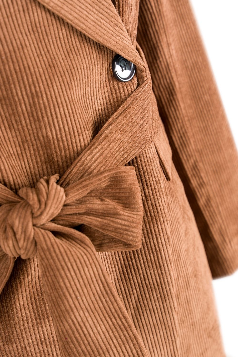 Fitilli Kadife Kahverengi Beli Kuşaklı Ceket - 4