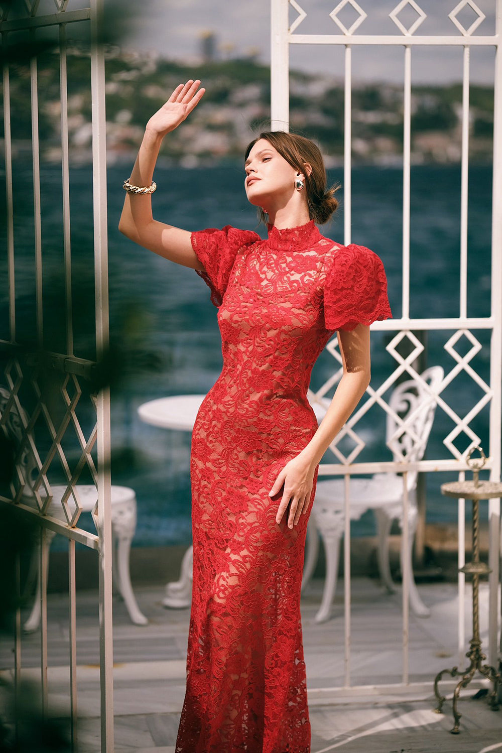 Kısa Kollu Dantelli Kırmızı Uzun Elbise - 0