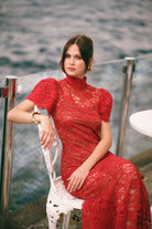 Kısa Kollu Dantelli Kırmızı Uzun Elbise - 1