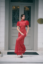 Kısa Kollu Dantelli Kırmızı Uzun Elbise - 2