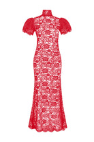 Kısa Kollu Dantelli Kırmızı Uzun Elbise - 3