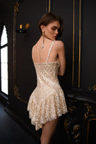 Bej Payetli Askılı Mini Elbise - 2